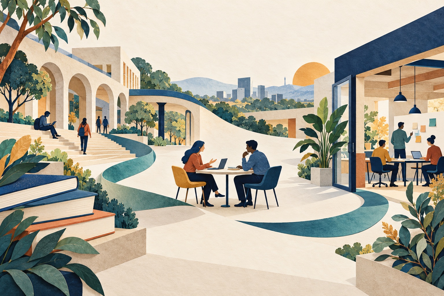 Concept illustration connecting a university campus, a mentoring conversation and a startup workspace.